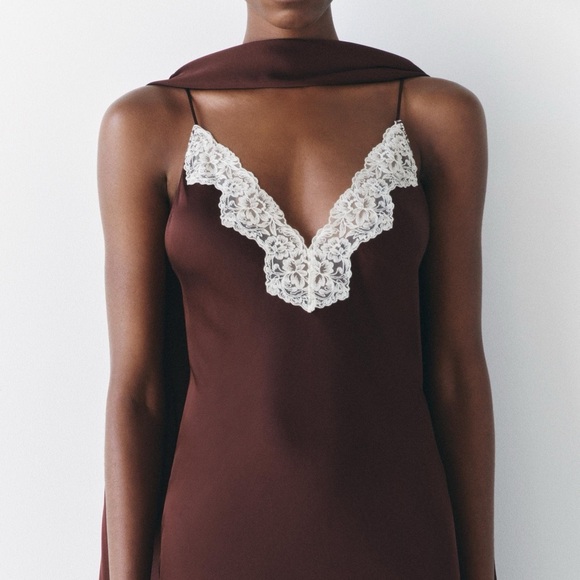 Zara viral chocolate brown maxi slip dress with lace neckline - size Large (L) - Picture 2 of 10